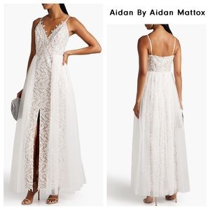 Aidan by AIDAN MATTOX V-Neck Embroidered Gown W/ Skirt Overlay